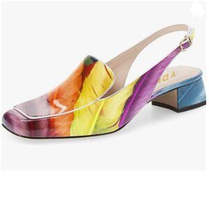 YDN Colorful-feather Square Toe Block Low Heels Slingback Formal Dressy Pump